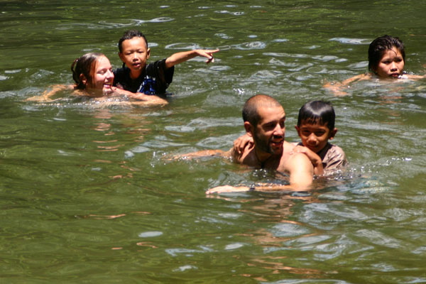 Playing in the waterfall